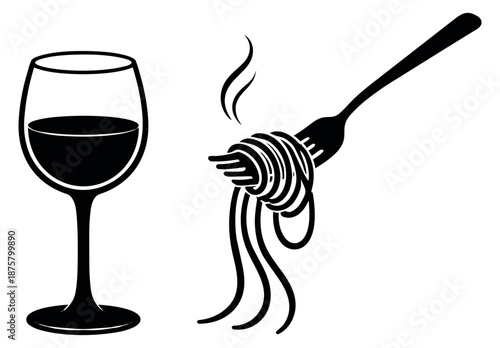 Graphic icon set featuring a glass of wine and spaghetti on a fork for restaurant menu design
