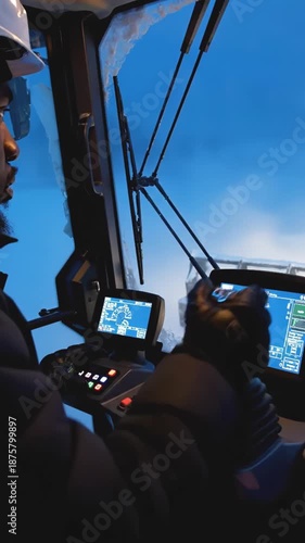 Vertical video of an operator driving heavy machinery at night. A worker in a cabin uses joysticks and control screens during a winter snowstorm. Industrial work and technology concept