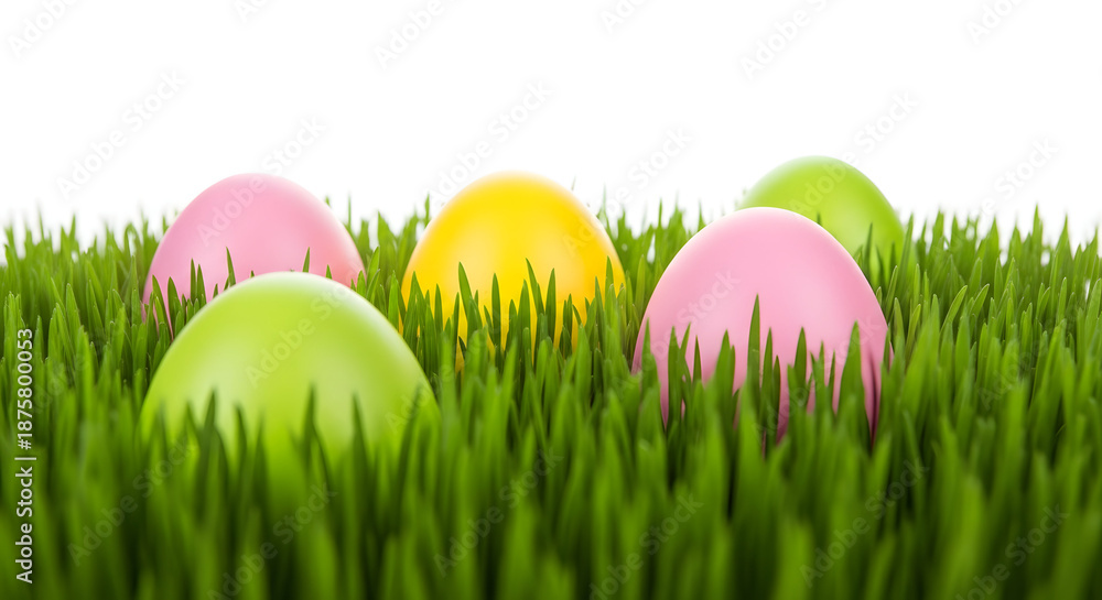 Fototapeta premium Colorful Easter eggs on vibrant green grass close up pink yellow