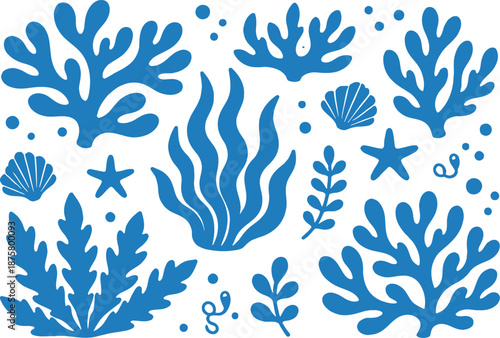 Modern flat marine life set featuring corals, seaweed, starfish, and seashells for underwater design