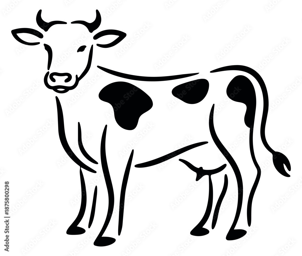 Fototapeta premium Line art illustration of a spotted cow depicting standing for dairy farming applications