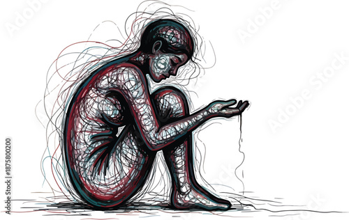 Figure curled up releasing dark material from open hands onto a white ground