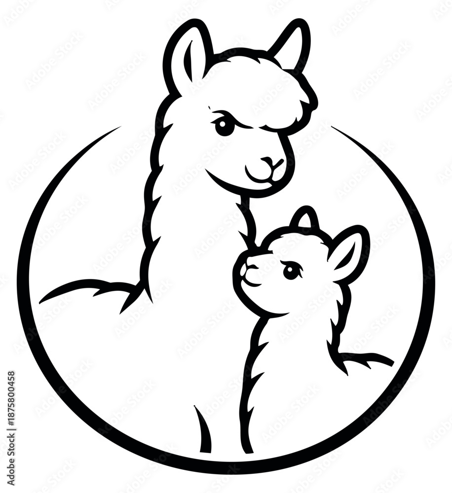 Fototapeta premium Line art illustration of a mother and baby alpaca depicting a family bond for farm animal themes