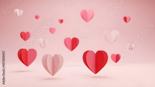 a collection of floating red and pink hearts on a soft pink background with varying sizes and shades, valentine's day, love