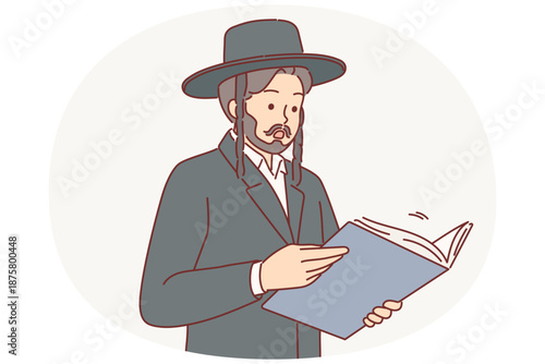 Man in jewish traditional clothing reads book or business documents and shows surprised emotions