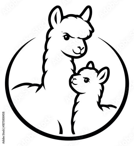 Line art illustration of a mother and baby alpaca depicting a family bond for farm animal themes