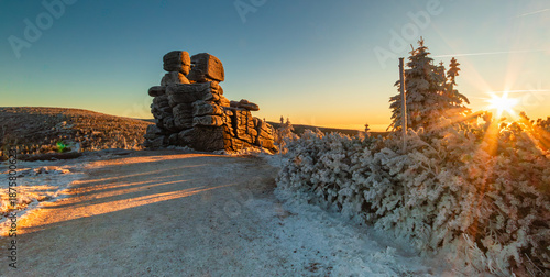 Three Pigs Rock Formation on Mountain Trail in Karkonosze Mountains,Lower Silesia Poland.	
