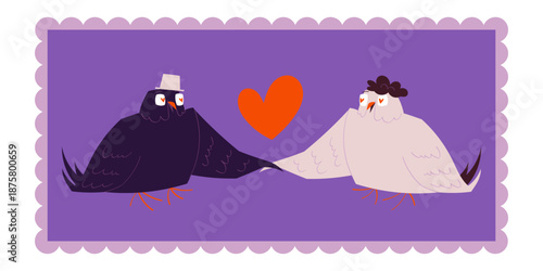 Cute vector illustration of two romantic birds touching wings with heart symbol. Perfect for Valentine's Day cards, love posters, greeting designs, stickers and social media content