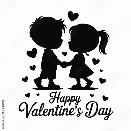 Happy Valentine’s Day Cute Kids Couple Holding Hands with Hearts – Silhouette Vector