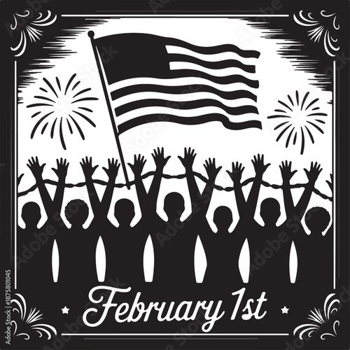 February 1st National Freedom Day – Silhouette of People Breaking Chains with American Flag Vector