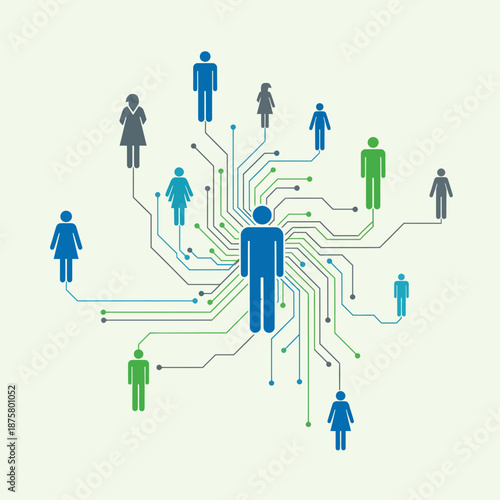 A central figure connects with diverse individuals through a network of lines and nodes in a collaborative environment