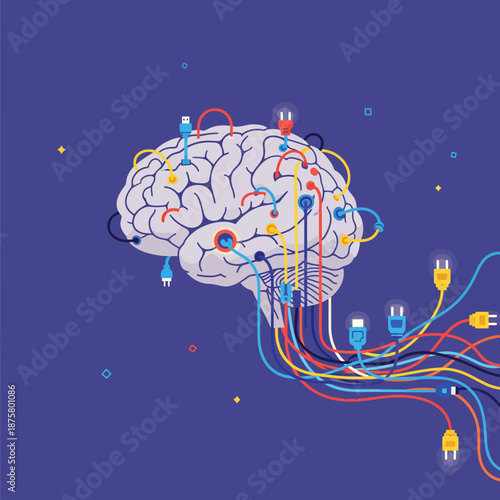 Human Brain with Multicolored Wires and Plugs Emerging Against a Blue Background Illustration