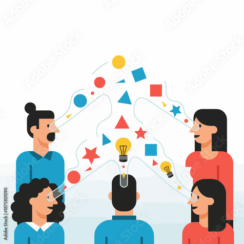 Group of people collaborating and sharing ideas with lightbulb moments in a creative environment