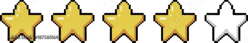 Four gold stars and one white star in a row on a transparent background in bright soft lighting for rating and review