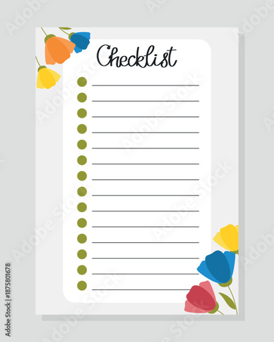 Checklist with flowers pattern. Spring or summer blank for to do list, print, planner, diary, shopping, organizer, notes.
