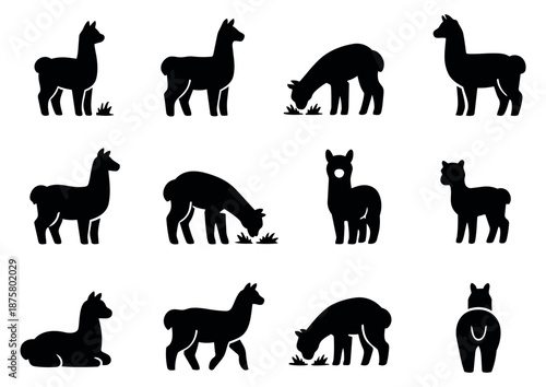 Simple silhouette llama icon set featuring llamas in various poses for design projects