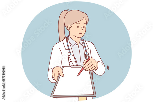 Woman doctor with clipboard in hands wants to get patient signature with permission for surgery