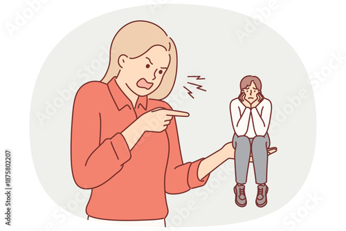 Toxic relationship between woman screaming at miniature man sitting on palm of wife with sad grimace
