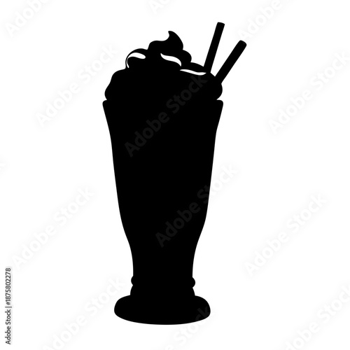 Delicious milkshake with whipped cream and straws vector illustration silhouette isolated art