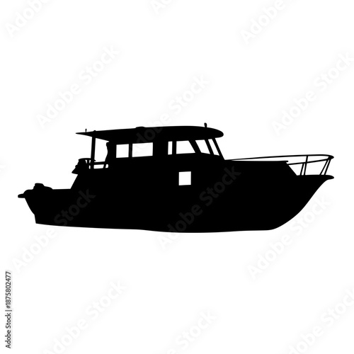 Isolated silhouette of a motorboat for recreational boating and fishing adventures on the water