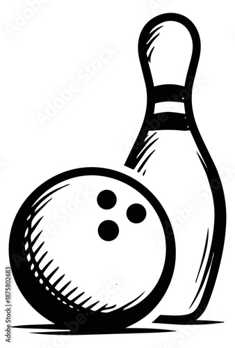 Hand drawn line art bowling equipment set featuring a bowling ball and a pin for sports and recreation design