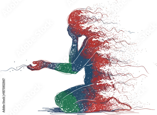 Silhouette of a figure kneeling dissolving into scattered particles and threads