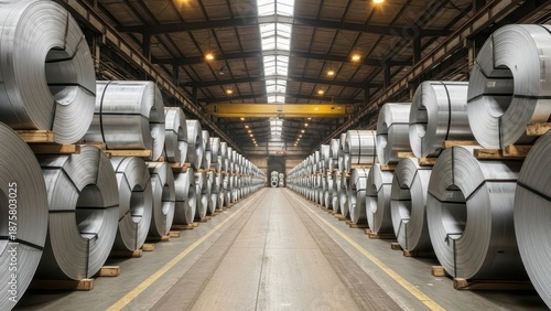 Industrial warehouse storage with rows of large rolled steel coils on wooden pallets