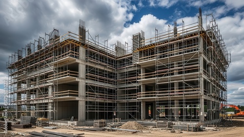 Multi-story concrete building under construction with scaffolding against a cloudy sky