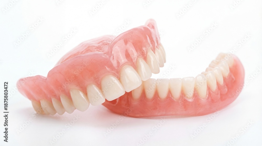 Obraz premium Full set of acrylic dentures upper and lower jaws isolated on white background macro