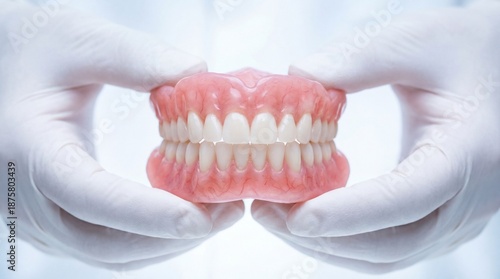 Wallpaper Mural Dentist hands in white gloves holding full set of acrylic dentures isolated on white background Torontodigital.ca