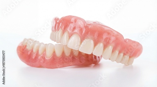 Full set of acrylic dentures upper and lower jaws isolated on white background macro