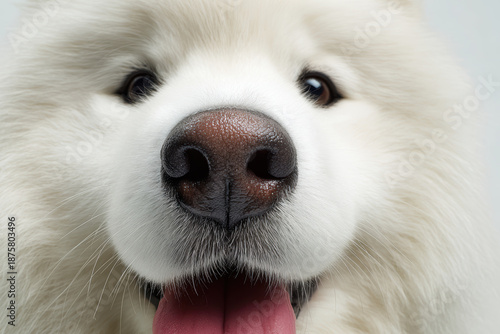 White dog with tongue out, close-up portrait