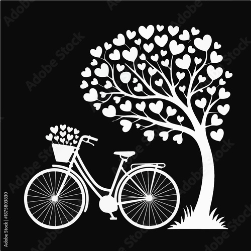 Heart Tree and Vintage Bicycle – Romantic Black and White Vector Illustration