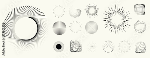 Abstract circular halftones element set, geometric dotted ring and spiral circle shapes for modern design, technology, or motion graphic backgrounds. Dotted round elements, radial spirals, and vortex.