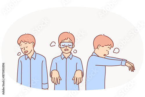 Little boy with sleepwalking syndrome stands in different poses, dressed in pajamas