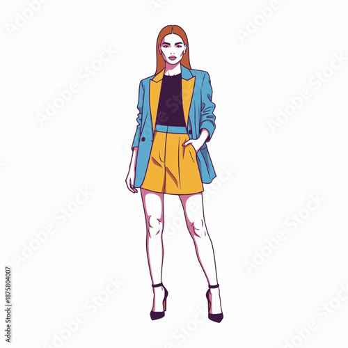 Vibrant woman in blazer and shorts posing