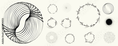 Abstract circular halftones element set, geometric dotted ring and spiral circle shapes for modern design, technology, or motion graphic backgrounds. Dotted round elements, radial spirals, and vortex.
