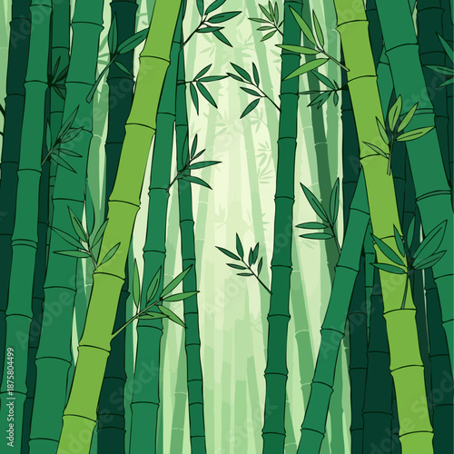 Dense vibrant green bamboo forest illustration showcasing tall thick stalks and sparse leaves on white background