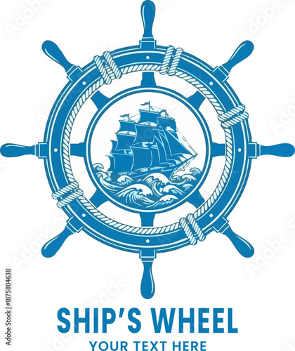 Detailed illustration of a classic blue nautical ship's steering wheel emblem with a sailing vessel centerpiece on white background
