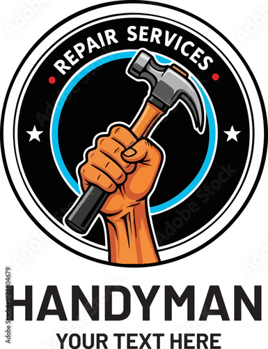 Stylized strong hand powerfully gripping a vintage claw hammer representing repair services in a badge on white background