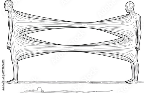 Two figures stretched into a thin band connecting them over a central void