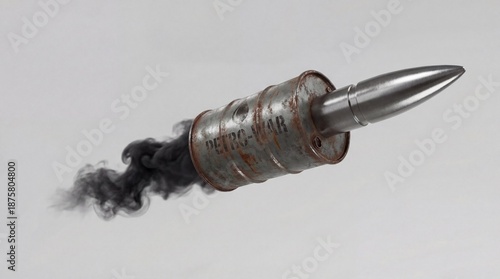 Flying bullet shaped like a rusty oil barrel with a black smoke trail on a white background, symbolizing petro-warfare and conflict.