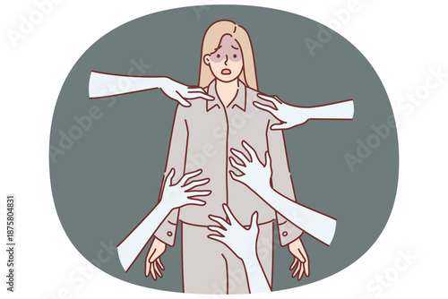 Nightmare of frightened girl standing in pajamas among hands of resurrected monsters