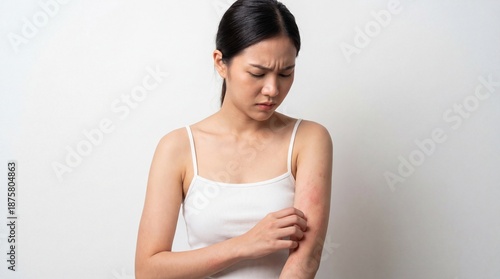 Young Asian woman scratching red itchy rash on her arm from allergy or dermatitis against white background