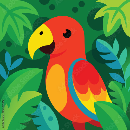 detailed colorful parrot cartoon illustration in lush jungle