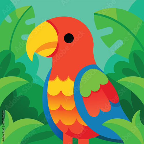cute colorful parrot illustration surrounded by tropical leaves