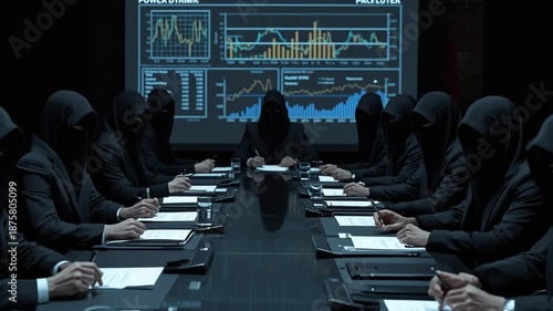 A group of masked individuals in dark clothing sit at a boardroom table, intently focused on financial charts displayed on a large screen