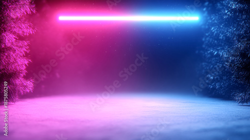 Futuristic holographic spaceship with magenta and blue lights in a mystical forest setting