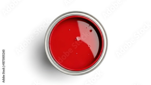 Top view of an open metal can filled with bright red liquid paint isolated on white background