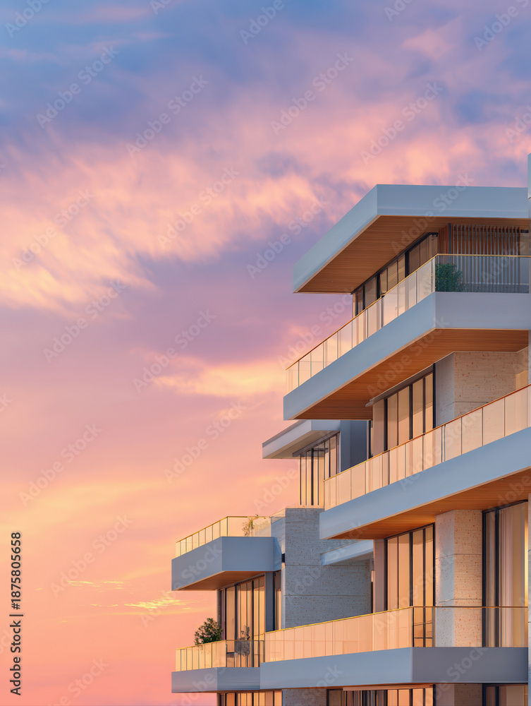 Fototapeta premium Modern luxury apartment building with glass balconies against a beautiful pink and purple sunset sky, contemporary architectural design of a residential complex at dusk with elegant terrace views